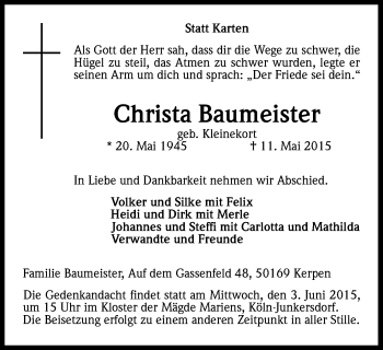 Anzeige von Christa Baumeister von Kölner Stadt-Anzeiger / Kölnische Rundschau / Express