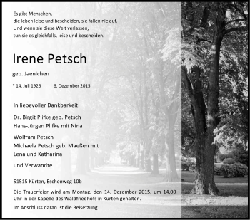 Anzeige von Irene Petsch von Kölner Stadt-Anzeiger / Kölnische Rundschau / Express