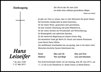 Anzeige von Hans Leiseifer von Kölner Stadt-Anzeiger / Kölnische Rundschau / Express