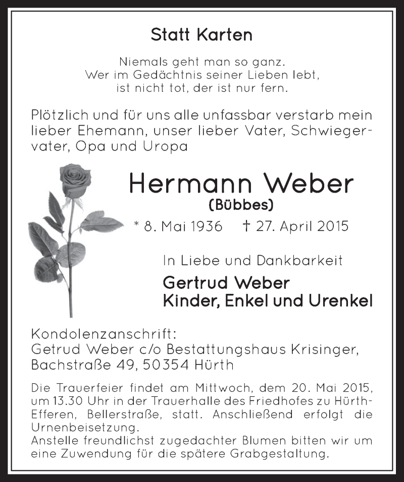  Traueranzeige für Hermann Weber vom 13.05.2015 aus  Wochenende 