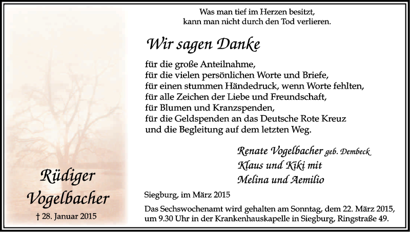  Traueranzeige für Rüdiger Vogelbacher vom 07.03.2015 aus Kölner Stadt-Anzeiger / Kölnische Rundschau / Express