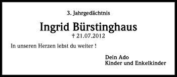 Anzeige von Ingrid Bürstinghaus von Kölner Stadt-Anzeiger / Kölnische Rundschau / Express