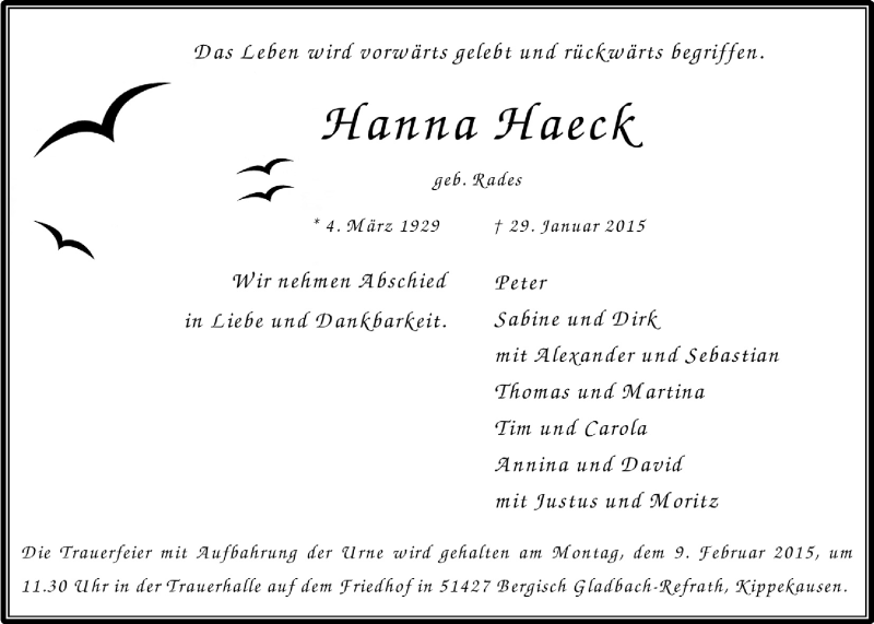  Traueranzeige für Hanna Haeck vom 04.02.2015 aus  Bergisches Handelsblatt 