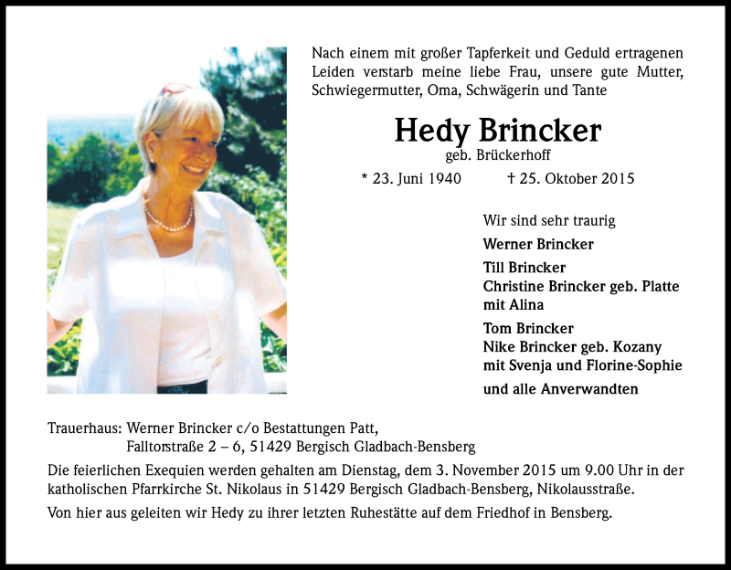  Traueranzeige für Hedy Brincker vom 29.10.2015 aus Kölner Stadt-Anzeiger / Kölnische Rundschau / Express