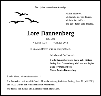 Anzeige von Lore Dannenberg von Kölner Stadt-Anzeiger / Kölnische Rundschau / Express