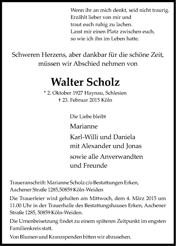  Traueranzeige für Walter Scholz vom 28.02.2015 aus Kölner Stadt-Anzeiger / Kölnische Rundschau / Express