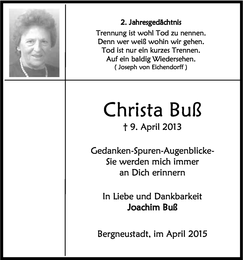  Traueranzeige für Christa Buß vom 09.04.2015 aus Kölner Stadt-Anzeiger / Kölnische Rundschau / Express