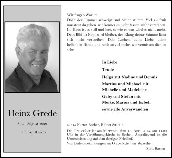 Anzeige von Heinz Grede von Kölner Stadt-Anzeiger / Kölnische Rundschau / Express