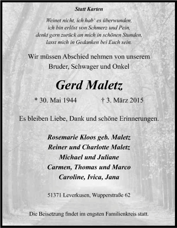 Anzeige von Gerd Maletz von Kölner Stadt-Anzeiger / Kölnische Rundschau / Express