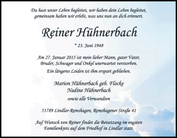 Anzeige von Reiner Hühnerbach von Kölner Stadt-Anzeiger / Kölnische Rundschau / Express