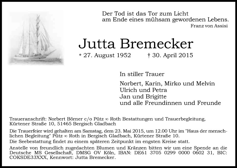  Traueranzeige für Jutta Bremecker vom 16.05.2015 aus Kölner Stadt-Anzeiger / Kölnische Rundschau / Express