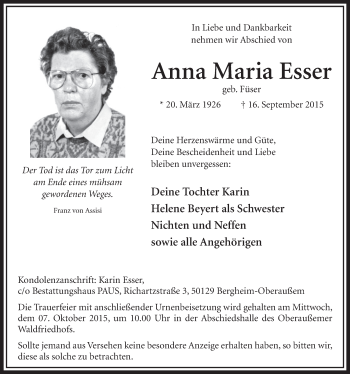 Anzeige von Anna Maria Esser von  Sonntags-Post 