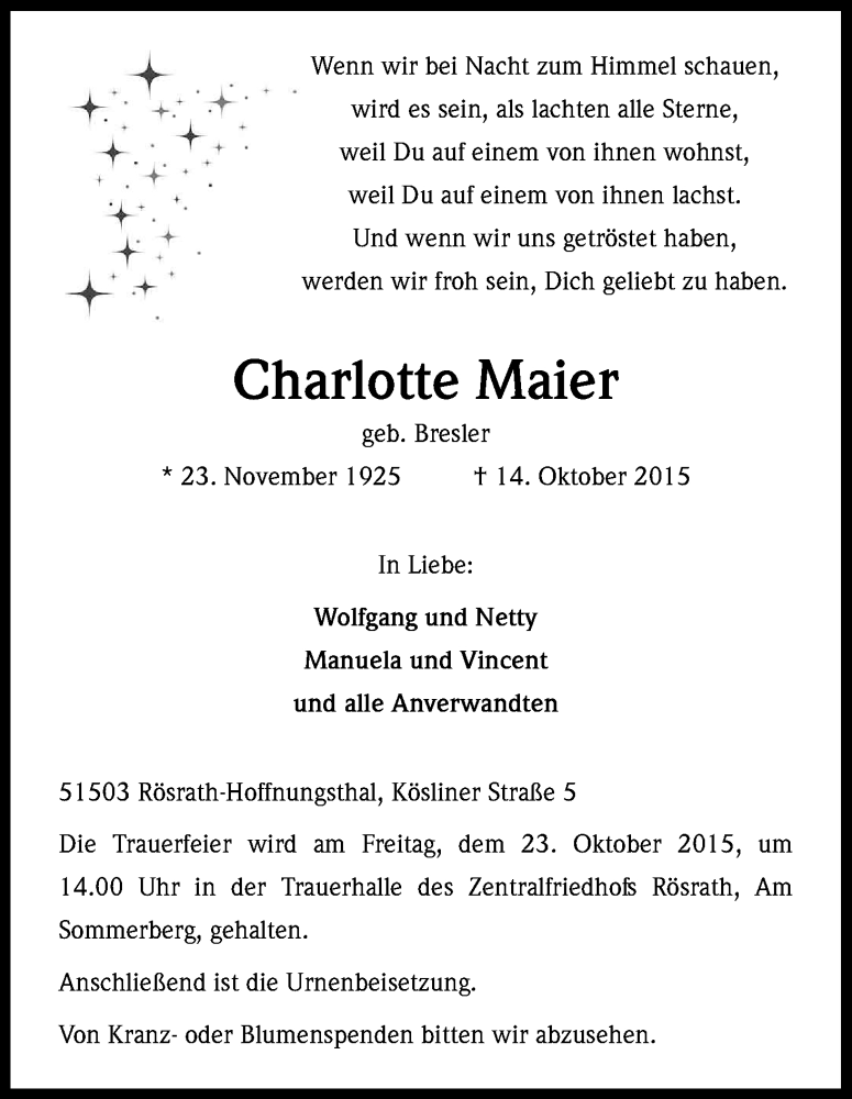  Traueranzeige für Charlotte Maier vom 20.10.2015 aus Kölner Stadt-Anzeiger / Kölnische Rundschau / Express