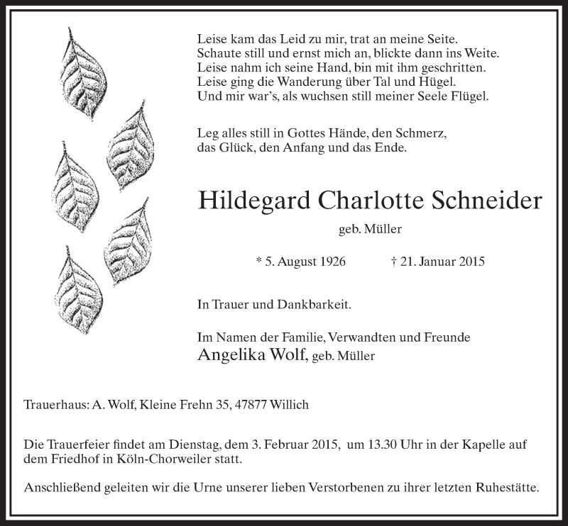  Traueranzeige für Hildegard Charlotte Schneider vom 31.01.2015 aus  Sonntags-Post 