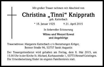 Anzeige von Christina  Knipprath von Kölner Stadt-Anzeiger / Kölnische Rundschau / Express