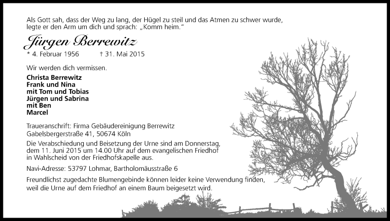 Traueranzeige für Christa Berrewitz vom 06.06.2015 aus Kölner Stadt-Anzeiger / Kölnische Rundschau / Express
