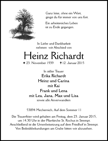 Anzeige von Heinz Richardt von  Blickpunkt Euskirchen 