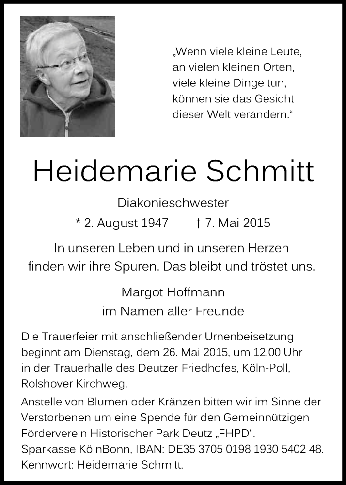  Traueranzeige für Heidemarie Schmitt vom 23.05.2015 aus Kölner Stadt-Anzeiger / Kölnische Rundschau / Express