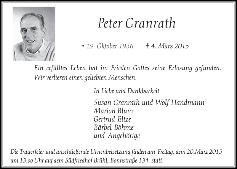  Traueranzeige für Peter Granrath vom 11.03.2015 aus  Schlossbote/Werbekurier 