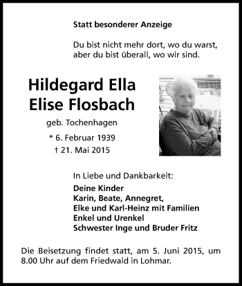 Anzeige von Hildegard Ella Elise Flosbach von Kölner Stadt-Anzeiger / Kölnische Rundschau / Express