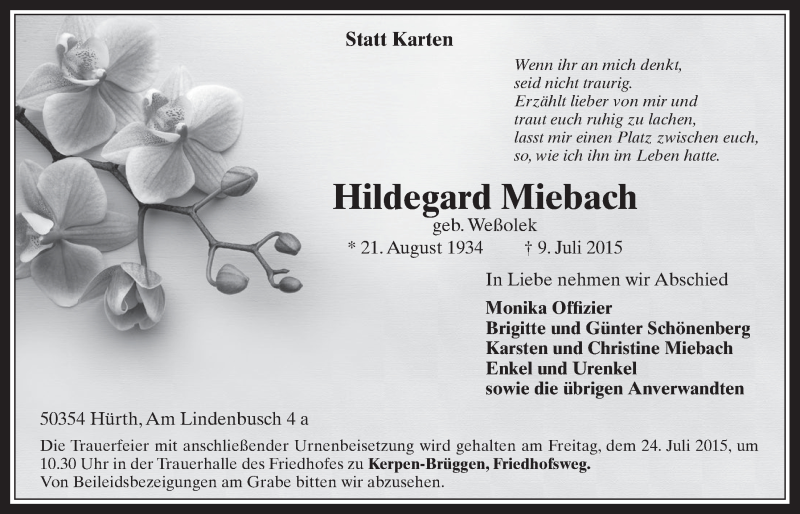  Traueranzeige für Hildegard Miebach vom 22.07.2015 aus  Wochenende 