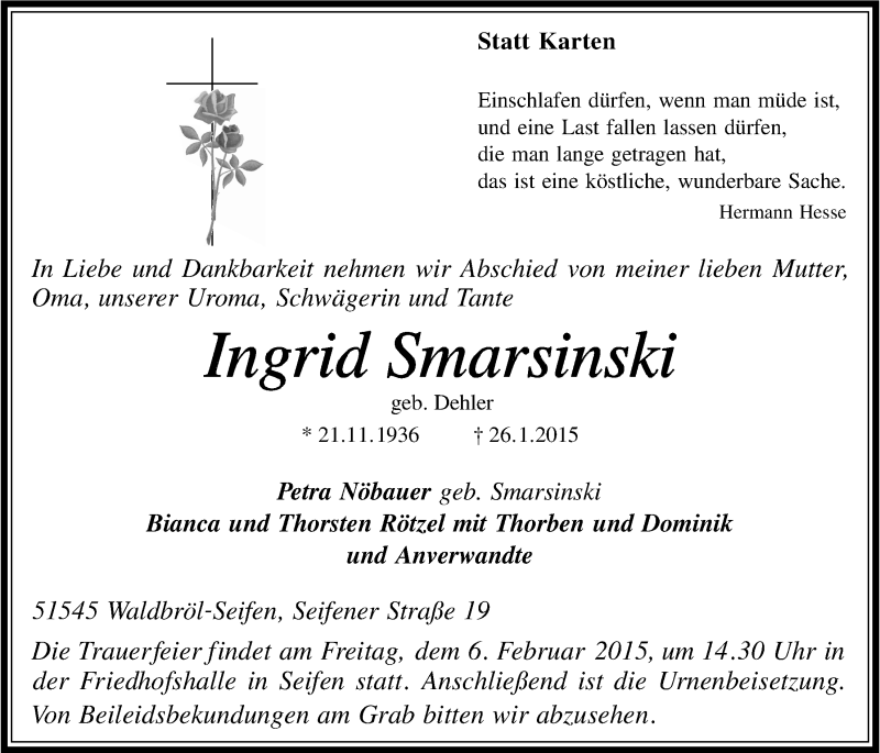  Traueranzeige für Ingrid Smarsinski vom 04.02.2015 aus  Lokalanzeiger 