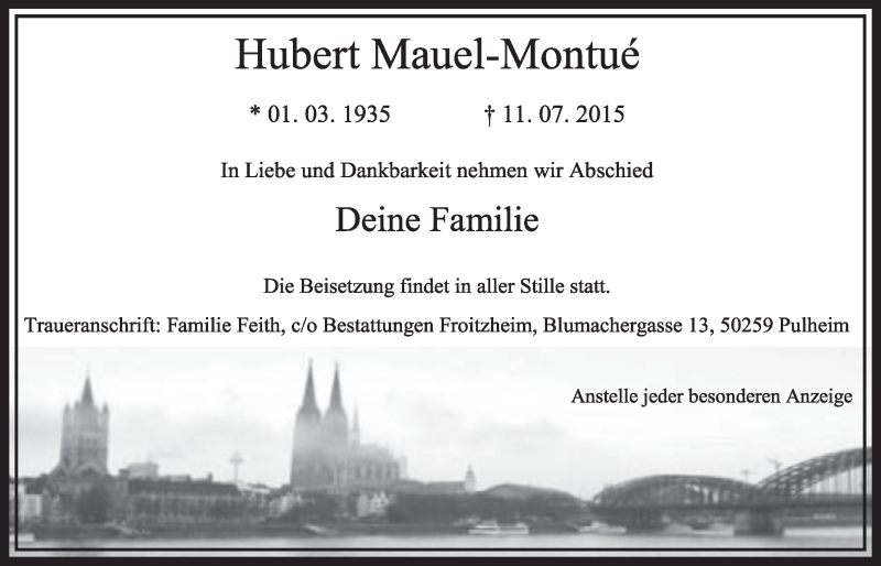  Traueranzeige für Hubert Mauel-Montue vom 01.08.2015 aus  Sonntags-Post 