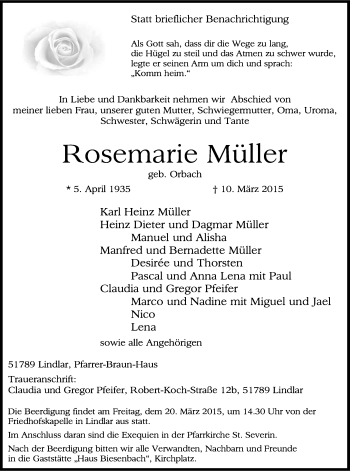 Anzeige von Rosemarie Müller von Kölner Stadt-Anzeiger / Kölnische Rundschau / Express