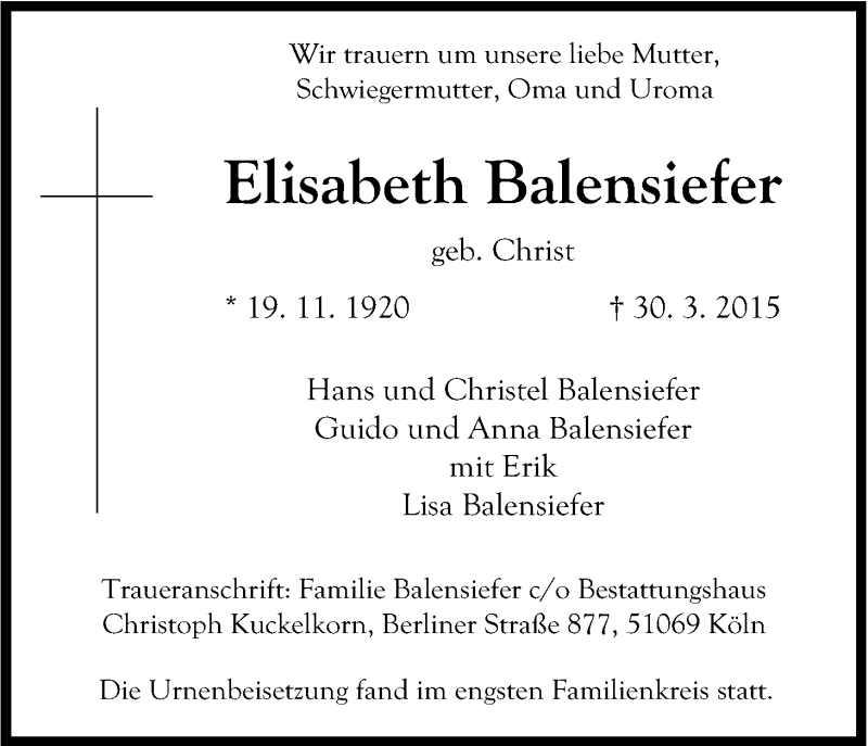  Traueranzeige für Elisabeth Balensiefer vom 11.04.2015 aus Kölner Stadt-Anzeiger / Kölnische Rundschau / Express