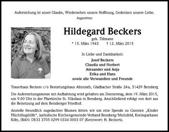 Anzeige von Hildegard Beckers von Kölner Stadt-Anzeiger / Kölnische Rundschau / Express