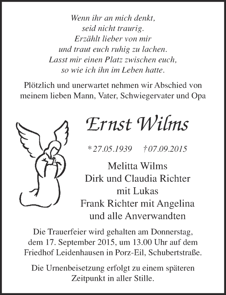  Traueranzeige für Ernst Wilms vom 16.09.2015 aus  Kölner Wochenspiegel 