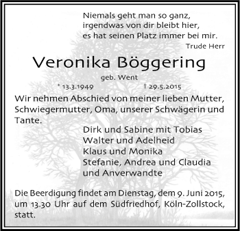 Anzeige von Veronika Böggering von Kölner Stadt-Anzeiger / Kölnische Rundschau / Express