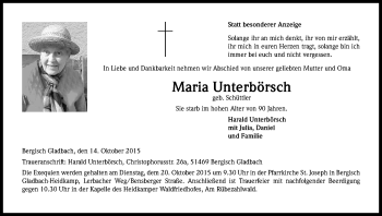 Anzeige von Maria Unterbörsch von Kölner Stadt-Anzeiger / Kölnische Rundschau / Express