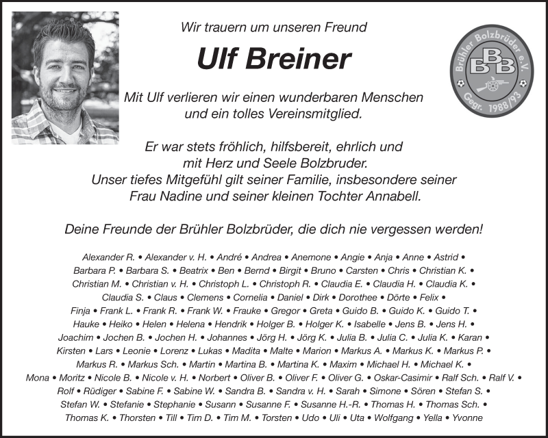  Traueranzeige für Ulf Breiner vom 22.04.2015 aus  Schlossbote/Werbekurier 