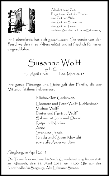 Anzeige von Susanne Wolff von Kölner Stadt-Anzeiger / Kölnische Rundschau / Express