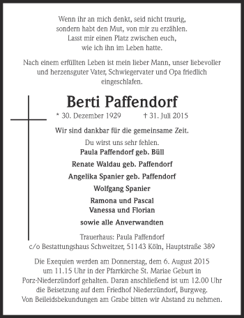 Anzeige von Berti Paffendorf von  Kölner Wochenspiegel 