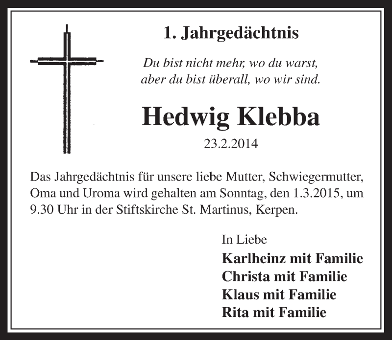  Traueranzeige für Hedwig Klebba vom 25.02.2015 aus  Werbepost 