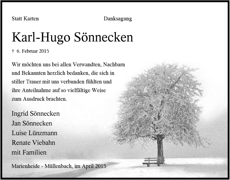  Traueranzeige für Karl-Hugo Sönnecken vom 29.04.2015 aus  Anzeigen Echo 