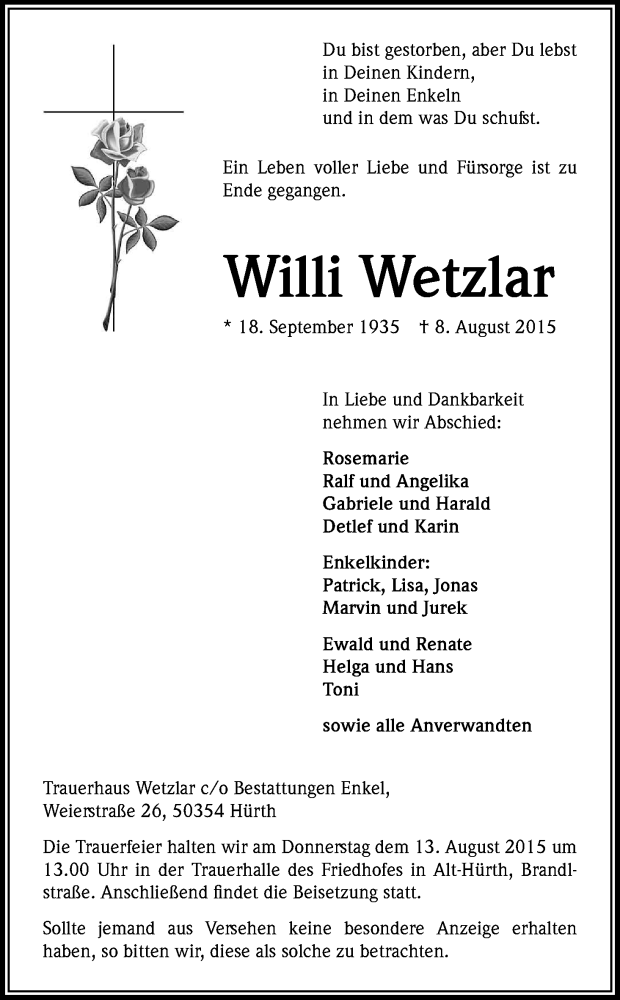  Traueranzeige für Willi Wetzlar vom 11.08.2015 aus Kölner Stadt-Anzeiger / Kölnische Rundschau / Express