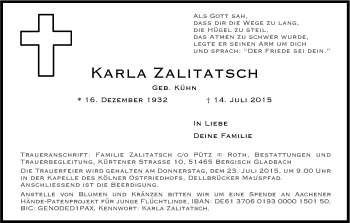 Anzeige von Karla Zalitatsch von Kölner Stadt-Anzeiger / Kölnische Rundschau / Express