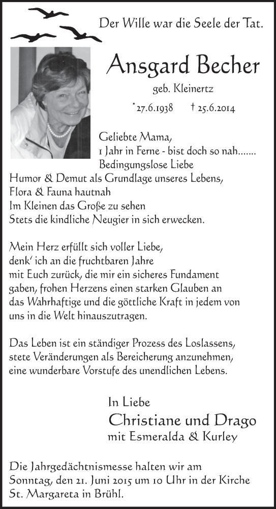  Traueranzeige für Ansgard Becher vom 17.06.2015 aus  Schlossbote/Werbekurier 