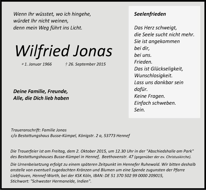  Traueranzeige für Wilfried Jonas vom 30.09.2015 aus Kölner Stadt-Anzeiger / Kölnische Rundschau / Express