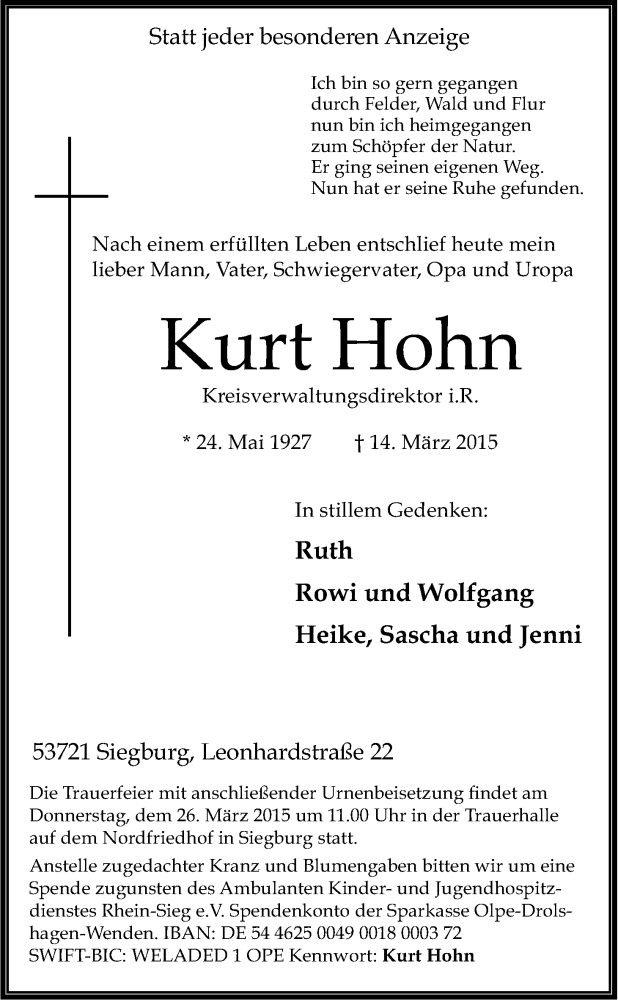 Traueranzeige für Kurt Hohn vom 21.03.2015 aus Kölner Stadt-Anzeiger / Kölnische Rundschau / Express