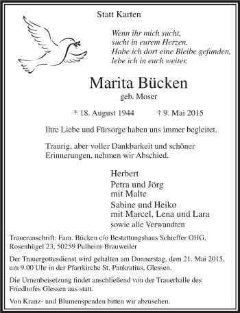 Anzeige von Marita Bücken von  Sonntags-Post 