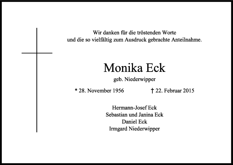 Traueranzeige für Monika Eck vom 29.04.2015 aus Kölner Stadt-Anzeiger / Kölnische Rundschau / Express