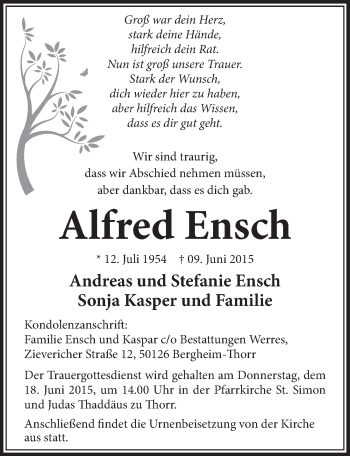 Anzeige von Alfred Ensch von  Sonntags-Post 
