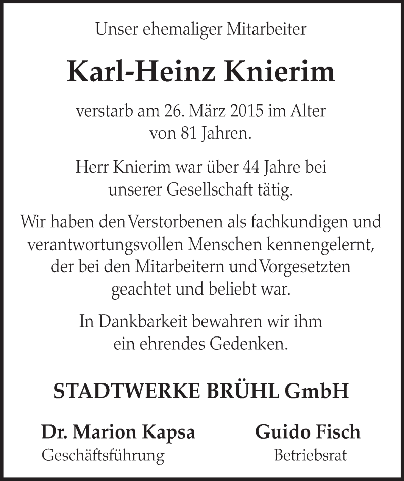  Traueranzeige für Karl-Heinz Knierim vom 01.04.2015 aus  Schlossbote/Werbekurier 