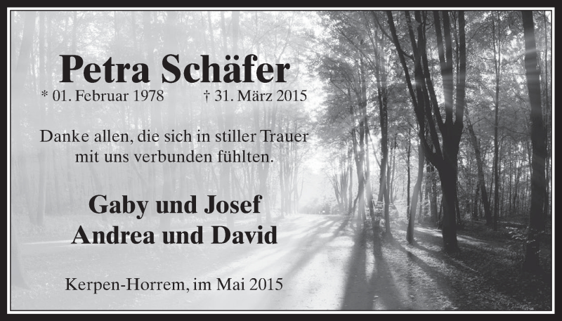  Traueranzeige für Petra Schäfer vom 02.05.2015 aus  Sonntags-Post 