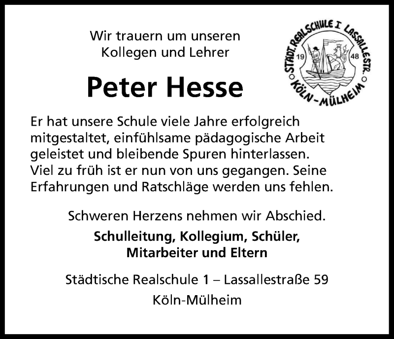  Traueranzeige für Peter Hesse vom 31.10.2015 aus Kölner Stadt-Anzeiger / Kölnische Rundschau / Express