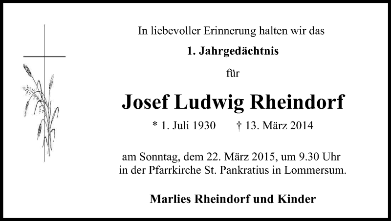  Traueranzeige für Josef Ludwig Rheindorf vom 18.03.2015 aus Kölner Stadt-Anzeiger / Kölnische Rundschau / Express